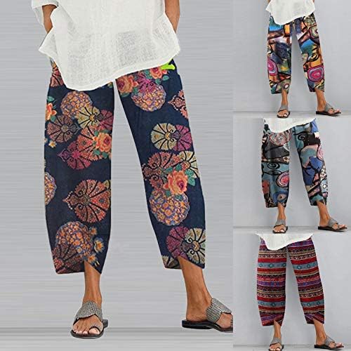 FİRERO Yaz kapri pantolonlar Kadınlar için, kadın Keten Kırpılmış Pantolon Baskılı Ayak Bileği Kapriler Cepli pantolon