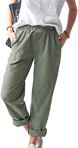 RDEGOOCHA Keten Pantolon Kadınlar ıçin Düğmeler Kırpılmış Pantolon Yüksek Elastik Bel Cep Yaz Rahat Iş Kırpma Pantolon