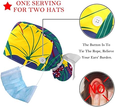Çalışma Şapka Düğmeleri ve Kurdele Bağları Kadınlar için 2 Paket, Çiçek Çiçek Ayarlanabilir Unisex Cerrahi Kapaklar