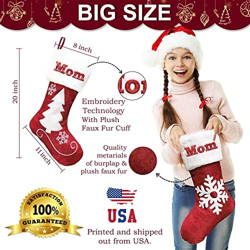 Kişiselleştirilmiş Anne Noel Çorapları (20 inç) Özel Anne İşlemeli İsim Polar ve Keten Çuval Bezi Kırmızı Rustik Çiftlik