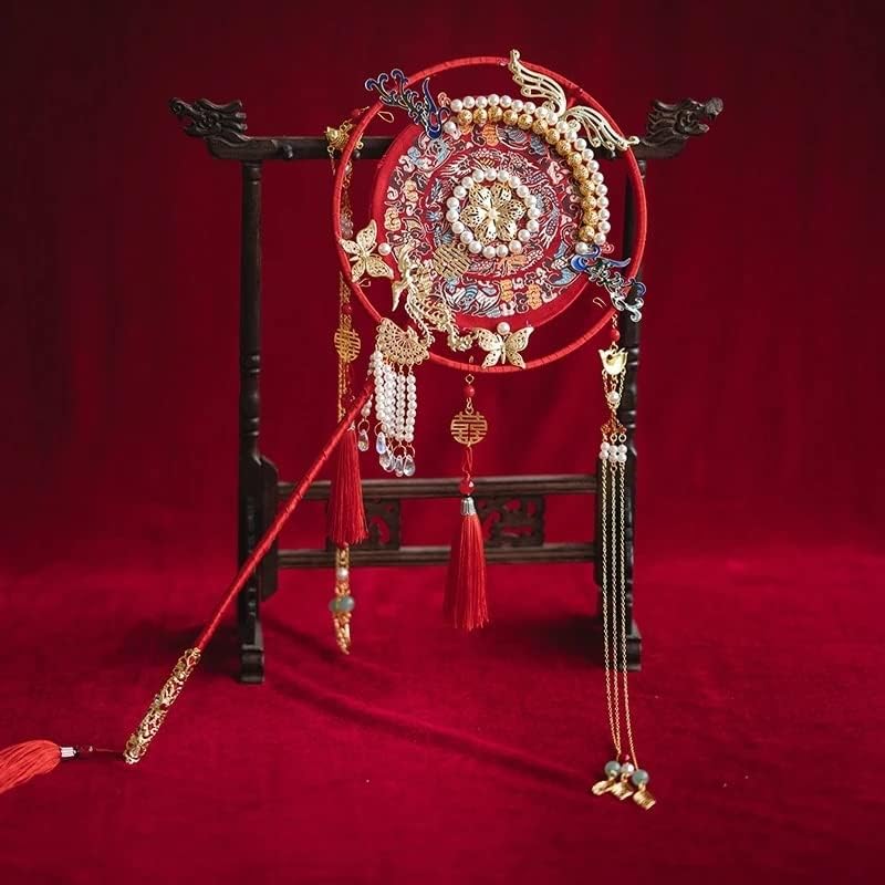 SXDS Kırmızı Gelin Fan Buketleri Klasik Çin El Yapımı Püskül Yuvarlak El Fan Düğün Aksesuarları (Renk: E)