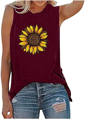 Oplxuo kadın Yuvarlak Boyun Kolsuz Tankı Üstleri Güneş Çiçek Baskı Desen Bluz Gömlek Grafik Tees Gevşek Fit Yaz T-Shirt