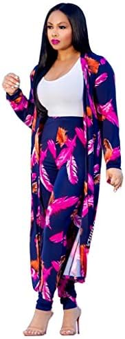 Kadınlar 2 Parça Kıyafetler-Çiçek Baskı Uzun Kollu Açık Ön Hırka Cover Up Bodycon Yüksek Belli Uzun pantolon seti