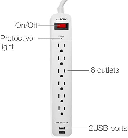 Dijital Enerji 6 Çıkışlı + 2 USB 1050 Joule Dalgalanma Koruyucusu Güç Şeridi, 15 Ft Uzunluğunda Uzatma Kablosu, Beyaz,