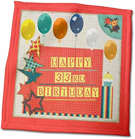 3dRose 33. Doğum Günü, Balonlar, Cupcake, Yıldızlar, Blok Harf, Turuncu, Yeşil-Havlular (twl-240794-3)