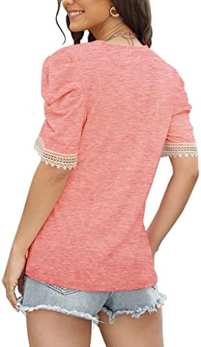 ETCYY Puf Kollu Yaz Üstleri Kadınlar için 2023 Moda Sevimli Baskı Dantel V Boyun Kısa Kollu T Shirt Bluzlar