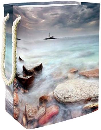 Kirli Çamaşır Torbası Fırtınalı Gökyüzünün Altında Sakin Deniz Bulut Deniz Feneri Çıkarılabilir Braketli Çamaşır Saklama