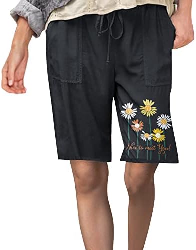 GRGE BEUU Yaz kadın Pamuk Keten Şort Rahat Elastik Bel Diz Boyu Çiçek Baskı Bermuda kısa cepli pantolon