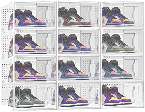 KuMers Şeffaf Ayakkabı Organizatörü Kutuları, 12 Paket Plastik İstiflenebilir Ayakkabı Kutuları Dolap Organizatörleri