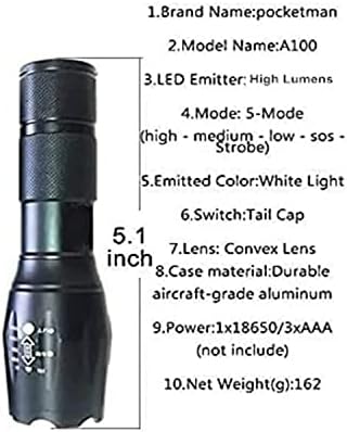 Ultra parlak el feneri, 2000 Lümen LED taktik el feneri, Zumlanabilir ayarlanabilir odak, IP65 suya dayanıklı, taşınabilir,iç