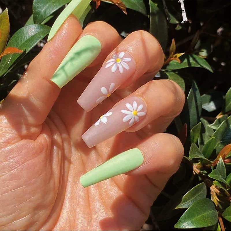 YOSOMK Nane Yeşili Çiçek Desenli Tırnaklara Uzun Basın Yanlış takma tırnak Akrilik Tırnaklar Tabuta Basın Kadınlar