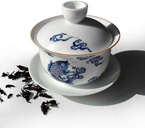 vv8oo Porselen Gaiwan 7 oz Çay Atlama Balık Beyaz Sırlı Gezdirilir Çin Sancai Kapak Kase Dudak Fincan fincan tabağı