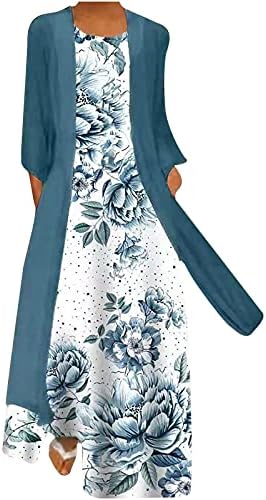 Kadınlar için bahar Elbise 2023 Rahat 2 Parça Set Katı Şifon Açık Ön Çiçek Baskı Kolsuz Maxi Düğün Konuk Elbise