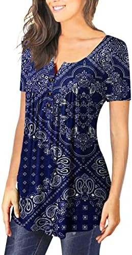 2023 Kadın Gömlek Yaz Kısa Kollu T Gömlek Pilili Flowy Henley Tunik Üstleri Rahat V Boyun Çiçek Baskı Bluz Gömlek