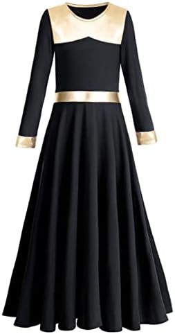 ZX kızın Övgü Dans Metalik Altın Liturjik Ibadet Kilisesi Tam Boy Salıncak Lirik Kostüm Robe Elbise, Siyah, 13-14