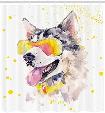 Ambesonne Hayvan Duş Perdesi, Güneş Gözlüğü ile komik Husky Köpek Mizahi Suluboya Serin Köpek Resim, bez Kumaş Banyo