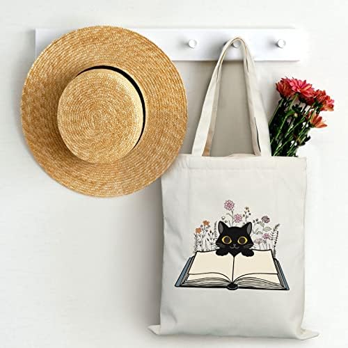 Kadınlar için 6 Adet Estetik Tuval Tote Çanta Siyah Kedi Çiçek Sevimli Tote Çanta Fermuarlı Cebi ile Komik Kitap Tote