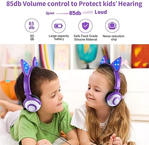 I love e ıFecco Çocuklar Kızlar için Kulaklıklar Çocuk Gençler Kedi Kulaklar Kablolu Kulaklık ile led ışık Up 85dB