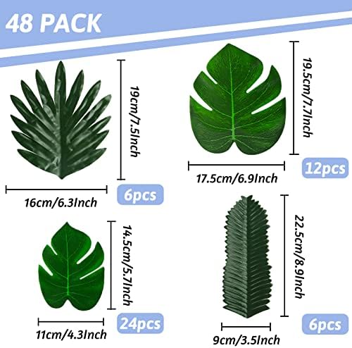 PietyPet Yapay Palmiye Yaprakları, 48 Adet 4 Çeşit Yapay Tropikal Yapraklar Bitki Palmiye Luau Parti Sahte Monstera