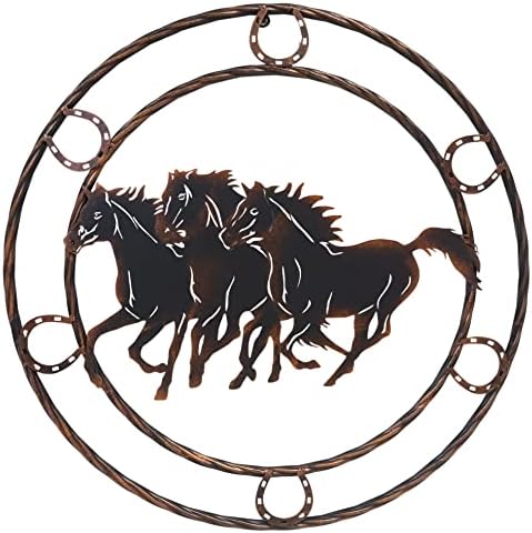 23 Rustik Metal Daire Duvar Asılı İşareti Atlar (Kahverengi-Bonze Ton Koşu Atlar)
