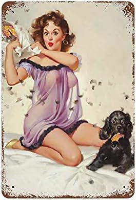 Retro Pin up Kız 1950s Seksi İç Çamaşırı Kadın Ve Köpek Boyama Duvar Posteri Vintage Metal Bant Teneke İşaretleri