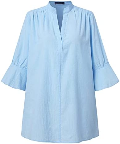 Iş Gömlek Kadın Yaz kadın Katı V Boyun Gömlek Trompet Kollu Rahat pamuklu bluz Üstleri Bayan T Shirt