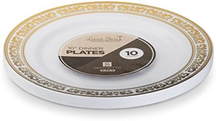 [20 Adet - 5 Oz Kase] Laura Stein Tasarımcı Sofra Takımı Altın Tasarımlı Kenarlıklı Premium Ağır Plastik Beyaz Tatlı