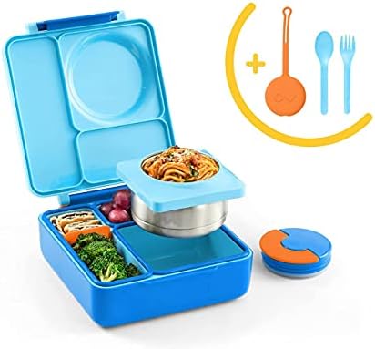 OmieBox Bento Kutusu Çocuklar için Yalıtımlı Bento yemek kabı Sızdırmaz Termos gıda kavanozu, 3 Bölme + Mavi Gereçler