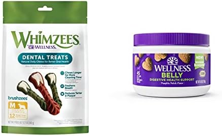 Whimzees by Wellness Brushzees Köpekler için Doğal Diş Çiğnemeleri, Orta Cins, 12 Sayım + Sağlıklı Yaşam Sindirim