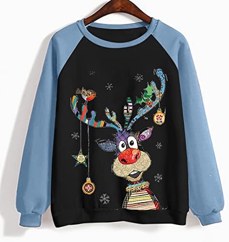NaRHbrg Noel Üstleri Bayan Çirkin Tişörtü Sevimli Ren Geyiği Baskı Tişörtleri Colorblock Rahat Gevşek Crewneck Kazak