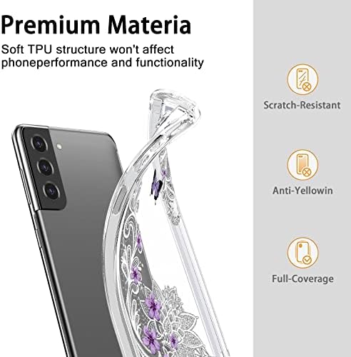 Samsung Galaxy S21 FE 5G için Beyaz Dantel Kılıf, Kadınlar için Kelebek Çiçek Çiçek Deseni Kız Glitter Şeffaf Ultra
