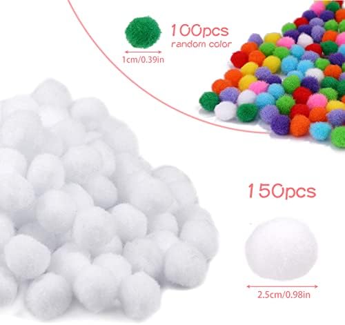 [250 Adet] 150 1 inç Beyaz Zanaat Pom Poms + 100 Renkli Pom Pom Topları, küçük Pom Poms Çeşitli Ponponlar El Sanatları