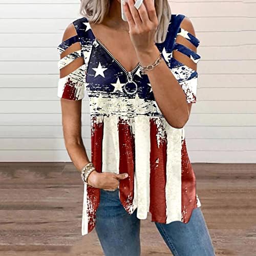 4th Temmuz Gömlek Kadınlar için Kadınlar için Yaz Kısa Kollu V Boyun Tunik Üstleri ABD Bayrağı Çizgili Kravat Boya