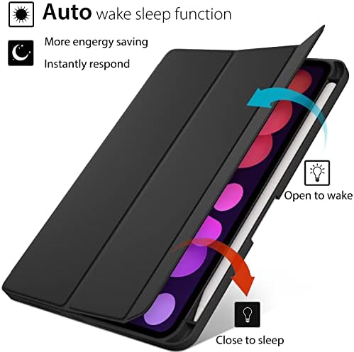 ıPad Mini 6th Nesil 2021 kılıf, ROARTZ Siyah Akıllı Otomatik Uyandırma/Uyku Kapak Kalem Tutucu ile Slim Fit Yumuşak