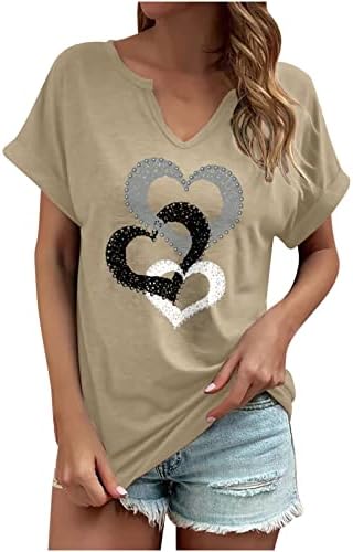 Bayan V Boyun Pamuk Kalp Grafik Salonu Taklidi Üst T Shirt Bayanlar için Sonbahar Yaz C5 C5