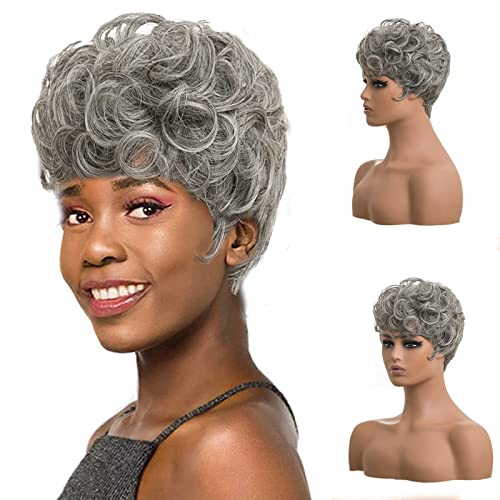 Siyah kadınlar için DOcute siyah kısa peri kesim peruk Kısa dalgalı saç peruk Siyah kadınlar için patlama ile peri