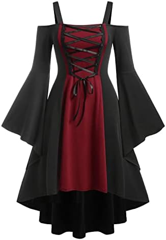 Bayan Yüksek Düşük Gotik Elbise Soğuk Omuz Strappy Tank Elbise Lace Up Parlama Kollu Cadı Cadılar Bayramı Kostüm
