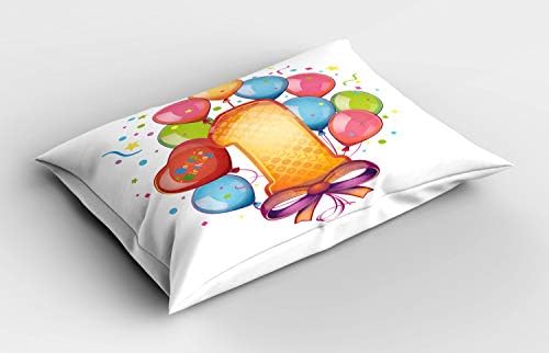 Ambesonne 1. Doğum Günü Yastık Sham, Balonlar Yıldız ve Noktalar Görüntü Renkli Vintage Tema İlk Parti, Dekoratif