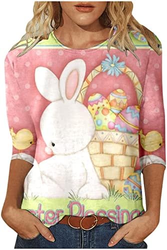 Sevimli Tavşan Grafik Tee Kadınlar için Moda Yaz Rahat Crewneck 3/4 Kollu Paskalya Gömlek Üst