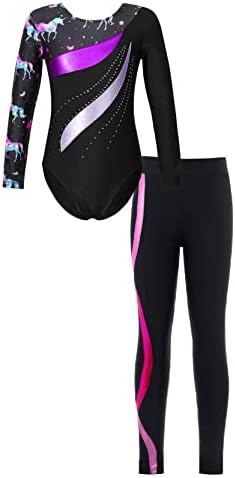 Loloda Jimnastik Spor Kıyafetleri Kızlar Çocuklar için 2 Adet Uzun Kollu Metalik Leotard Aktif Tayt Seti Giyim