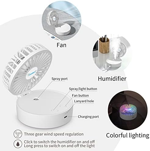 I-SHUNFA Taşınabilir katlanır fan, 2000mAh pille çalışan masa fanı, 7 renkli gece lambalı 3 vitesli rüzgar hızı, 17ml