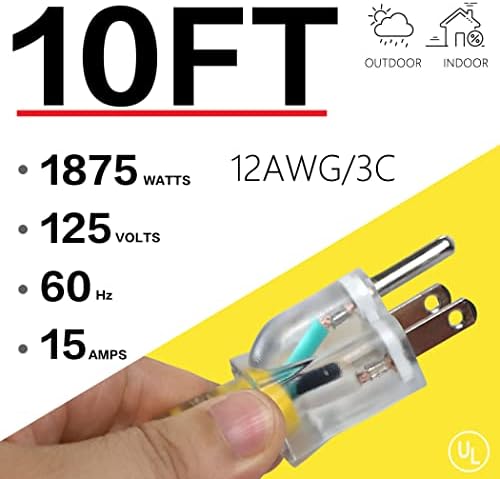 10 Feet Dış Mekan Uzatma Kablosu-12/3 Gauge SJTW 3 Uçlu Kablo Topraklı Fiş Ağır Hizmet Tipi UL Listeli Hava Koşullarına