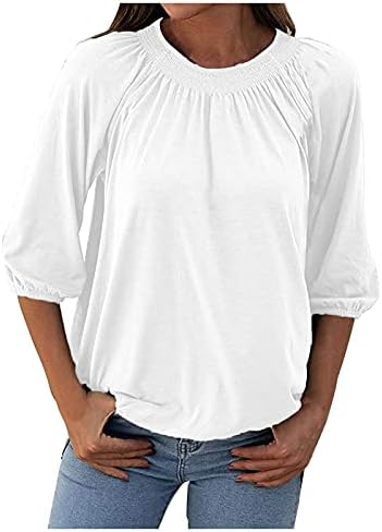 FMCHICO kadın Katı Ekip Boyun T Gömlek Bluz Pamuk Yarım Kollu 3/4 Kollu Rahat Gevşek Pilili Temel Tops