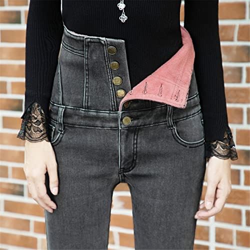 Yüksek Belli Kot Kadınlar için İnce Düğme Sıcak Kalınlaşmış Düz Elastik Peluş Cep Streç Kot Pantolon Pantolon Gri