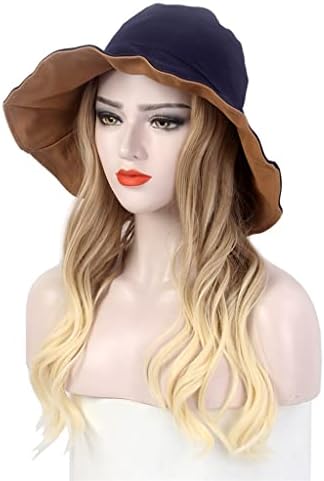 TJLSS Bayanlar Saç Şapka Bir Siyah Gölge Balıkçı Şapka Peruk Artı Şapka Uzun Kıvırcık Altın Peruk Şapka Bir