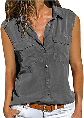 lcepcy Kolsuz Düğme Aşağı Gömlek Kadınlar için Rahat Çalışma Bluzlar Katı Gevşek V Boyun Tankı Üstleri Cepler ile