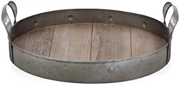 Benjara Benzara BM186575 Metal ve Ahşap Yuvarlak Dekoratif Tepsi, İki Set, Kahverengi ve Gri