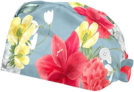 2 Paket çalışma kapağı Düğme ve Ter Bandı Kadınlar için Uzun Saç Ayarlanabilir Kravat Geri Şapka Şeftali Çiçeği Çiçek