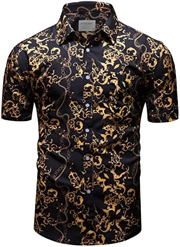 fohemr Erkek Lüks Gömlek Siyah Altın Zincir Baskı Elbise Gömlek Barok Kısa Kollu Casual Düğme Aşağı Tasarım buchona