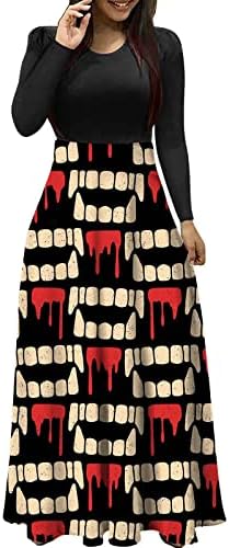 Kadın Cadılar Bayramı Elbiseler Uzun Kollu Kafatası Kedi Baskı Gömlek Elbise Moda Crewneck Kabak Grafik Parti Maxi